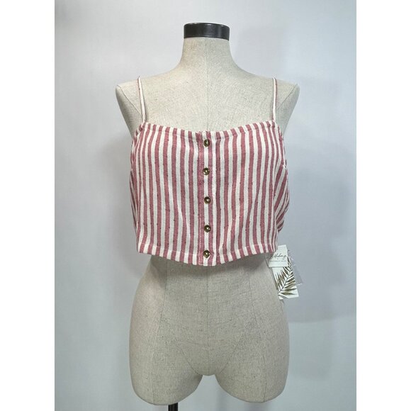BILLABONG Crop Cami Top Sz L Red White Pinstripe Button Up Crop Camisole Beach - Picture 2 of 5
